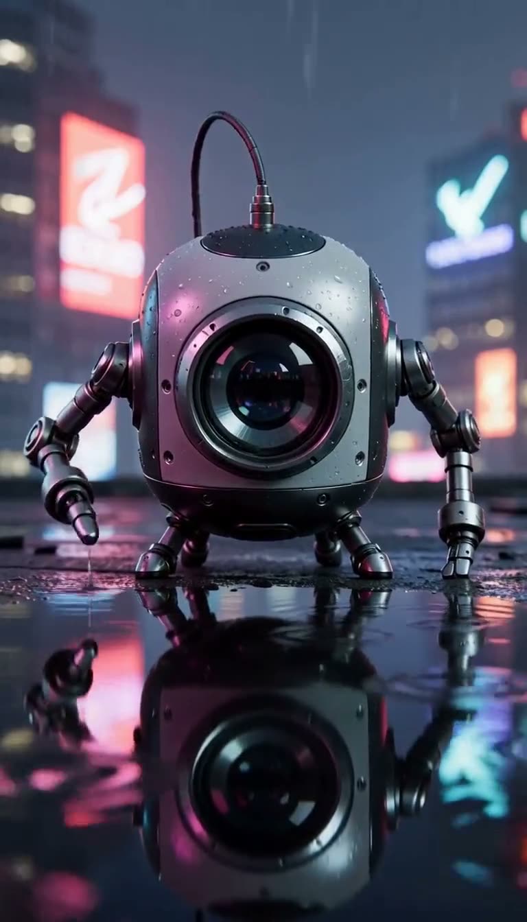Still from an H3 video generated on this site: a small repair robot taps its reflection in a rooftop puddle